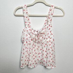 Sugarkiss Cherry Print Babydoll Tank Top White Red Tie Front Size Large
